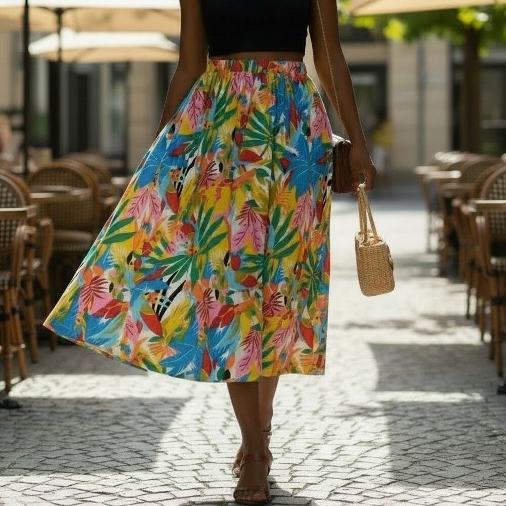 Vintage Profiles Tropical Parrot Skirt Blue Bird Pull On 90s Bright Maxi Medium